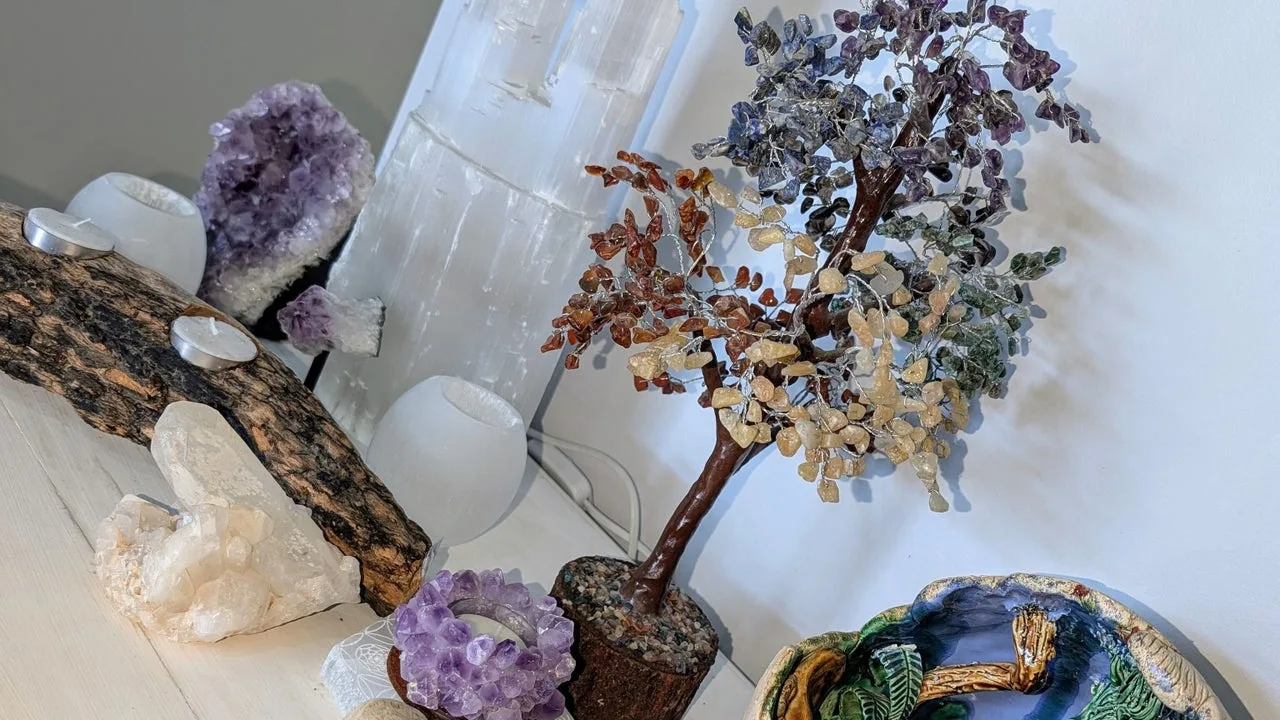 Crystal tree and amethyst detail at The Healing Cottage
